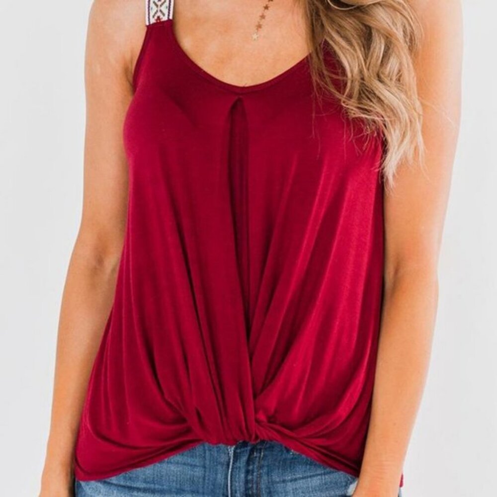 Dreamkue Women's Dark Red Twist Hem Embroidered Straps Tank Top Size Small